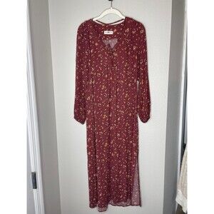 Natural Life Boho Floral Maxi Dress – Maroon Ditsy Print V-Neck Size Medium